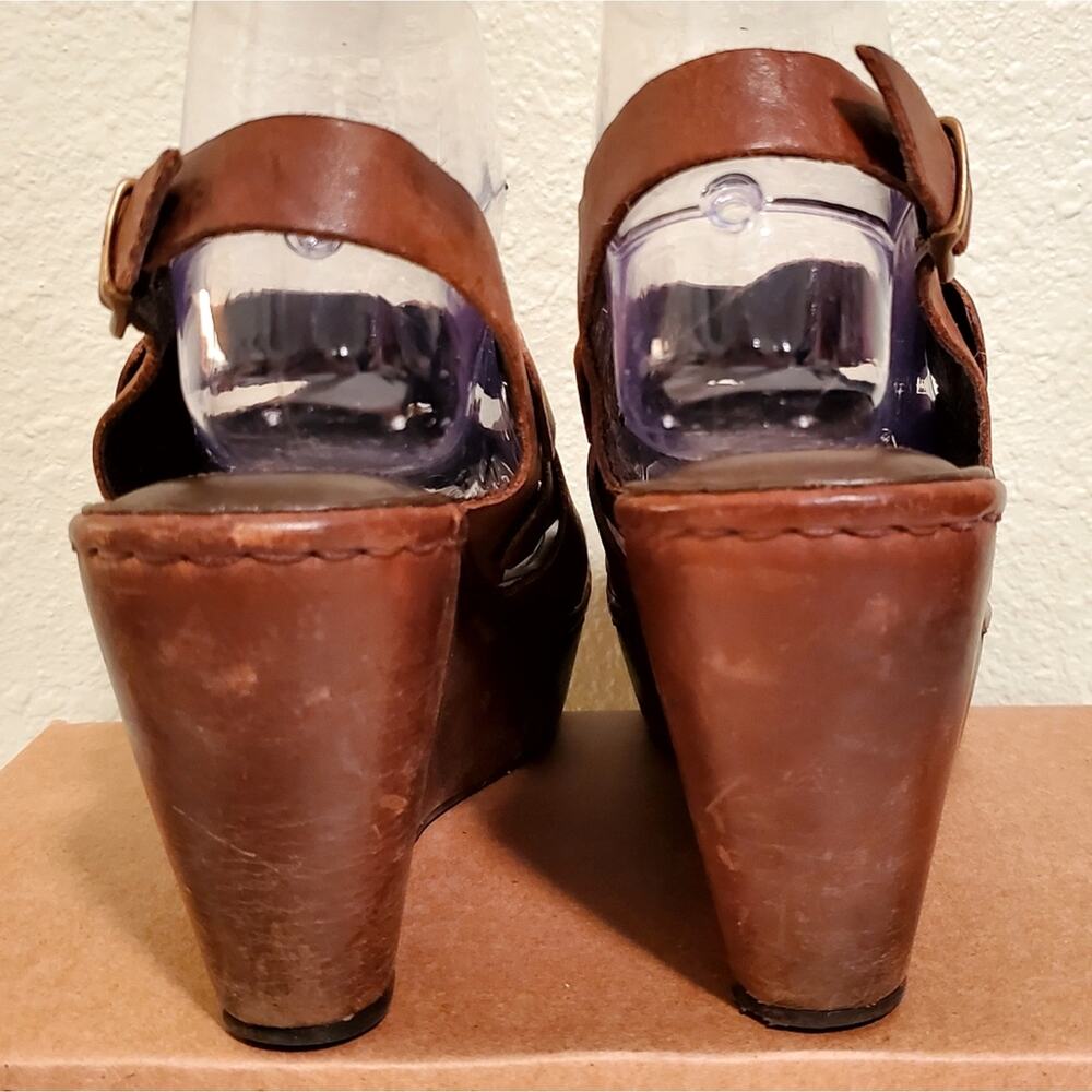 Sz 8/39 BORN Brown Leather Covered Platform Wedge Boho Cross Strap Sandals - Picture 6 of 9